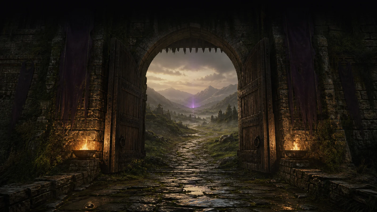 An ancient castle gate glowing beyond a shadowed forest approach